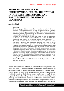 From Stone Graves to Churchyards. Burial Traditions in the Late Prehistoric and Early Medieval Island of Saaremaa