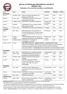 ROYAL AUSTRALIAN HISTORICAL SOCIETY SPRING 2015 Calendar of Events for Members and Friends