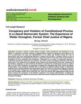 Conspiracy and Violation of Constitutional Proviso in a Liberal Democratic System: the Experience of Walter Onnoghen, Former Chief Justice of Nigeria