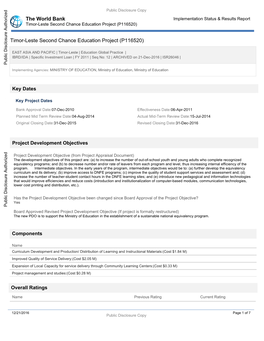 The World Bank Implementation Status & Results Report Timor-Leste Second Chance Education Project (P116520)