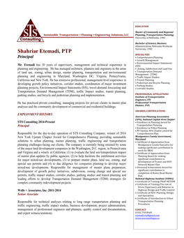 Shahriar Etemadi, PTP SPECIALTIES Principal • Comprehensive Planning • Growth Management • Environmental Impact Statements Mr