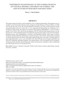 Vertebrate Paleontology at the Florida Museum of Natural History, University of Florida: the Past 60 Years of Research and Education