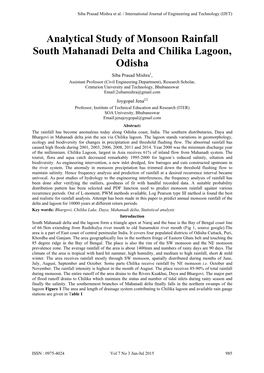 Analytical Study of Monsoon Rainfall South Mahanadi Delta and Chilika