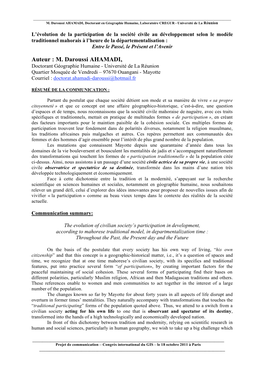 M. Daroussi AHAMADI, Doctorant En Géographie Humaine, Laboratoire CREGUR - Université De La Réunion