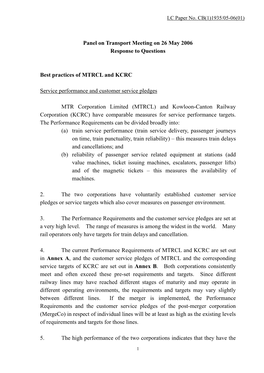 Panel on Transport Meeting on 26 May 2006 Response to Questions Best Practices of MTRCL and KCRC Service Performance and Custome