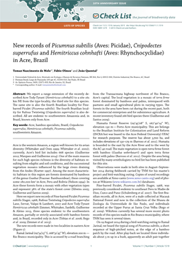 New Records of Picumnus Subtilis (Aves: Picidae), Cnipodectes Superrufus and Hemitriccus Cohnhafti (Aves: Rhynchocyclidae) in Acre, Brazil