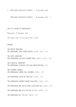 1 HONG KONG LEGISLATIVE COUNCIL -- 27 November 1991