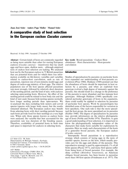 A Comparative Study of Host Selection in the European Cuckoo Cuculus Canorus