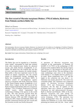 The First Record of Maeotias Marginata (Modeer, 1791) (Cnidaria, Hydrozoa) from Finland, Northern Baltic Sea