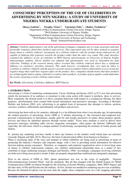 Consumers' Perception of the Use of Celebrities in Advertising by Mtn Nigeria: a Study of University of Nigeria Nsukka Undergraduate Students