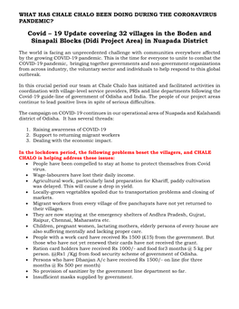 Covid – 19 Update Covering 32 Villages in the Boden and Sinapali Blocks (Didi Project Area) in Nuapada District