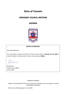 Shire of Tammin ORDINARY COUNCIL MEETING AGENDA