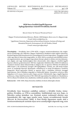 1838-Ban a Krakkói Jagelló Egyetem Lepkegyűjteményt Vásárolt Frivaldszky Imrétől