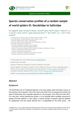 Species Conservation Profiles of a Random Sample of World Spiders III: Oecobiidae to Salticidae