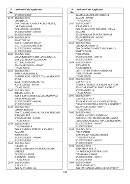 150 Sl. No. Address of the Applicants PUDUCHERRY 2678 Roll NO