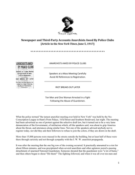 Newspaper and Third-Party Accounts Anarchists Awed by Police Clubs [Article in the New York Times, June 5, 1917]