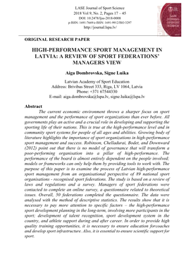 High-Performance Sport Management in Latvia: a Review of Sport Federations’ Managers View