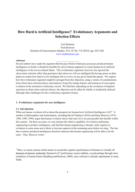 How Hard Is Artificial Intelligence? Evolutionary Arguments and Selection Effects