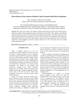 Boron Removal from Aqueous Solutions Using Curcumin-Aided Electrocoagulation