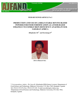 Production and Use of a Shelf-Stable Bovine Blood Powder for Food Fortification As a Food-Based Strategy to Combat Iron Deficiency Anaemia in Sub- Saharan Africa