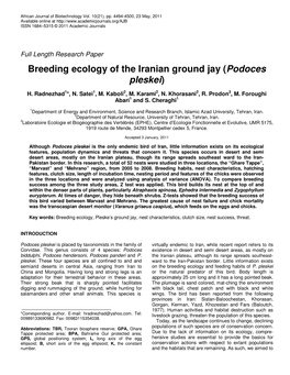 Breeding Ecology of the Iranian Ground Jay (Podoces Pleskei)