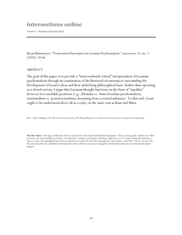 Transcritical Encounters in Lacanian Psychoanalysis,” Intersections 11, No