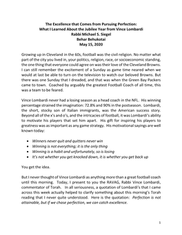 The Excellence That Comes from Pursuing Perfection: What I Learned About the Jubilee Year from Vince Lombardi Rabbi Michael S. Siegel Behar Behukotai May 15, 2020