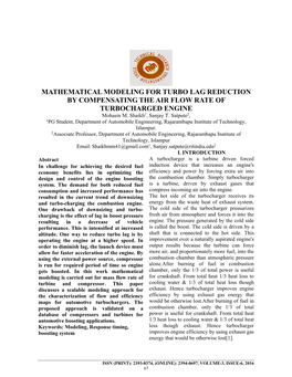 MATHEMATICAL MODELING for TURBO LAG REDUCTION by COMPENSATING the AIR FLOW RATE of TURBOCHARGED ENGINE Mohasin M