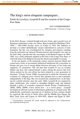 The King's Most Eloquent Campaigner... Emile De Laveleye, Leopold II and the Creation of the Congo Free State
