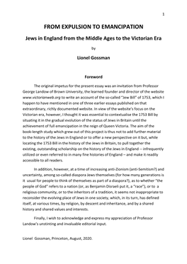 FROM EXPULSION to EMANCIPATION Jews in England from the Middle Ages to the Victorian Era