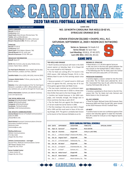 2020 Tar Heel Football Game Notes