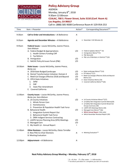 Policy Advisory Group AGENDA Th Monday, January 8 , 2018 9:30Am-12:00Noon CCALAC, 700 S