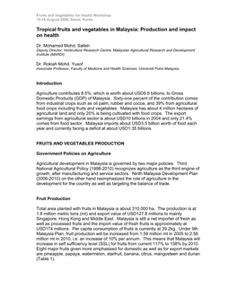 Tropical Fruits and Vegetables in Malaysia: Production and Impact on Health