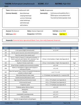 TAXON:Heliotropium Amplexicaule Vahl SCORE:20.0 RATING:High Risk