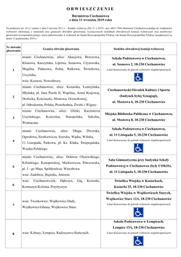 OBWIESZCZENIE Burmistrza Ciechanowca Z Dnia 11 Września 2019 Roku