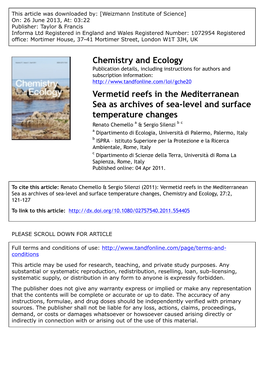 Vermetid Reefs in the Mediterranean Sea As Archives of Sea-Level And