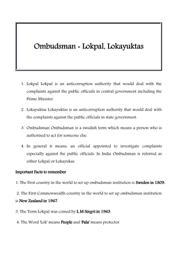 Ombudsman ‐ Lokpal, Lokayuktas