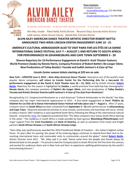 Alvin Ailey American Dance Theater Artistic Director Robert Battle Announces Two‐Week Lincoln Center Engagement June 10 ‐ 21