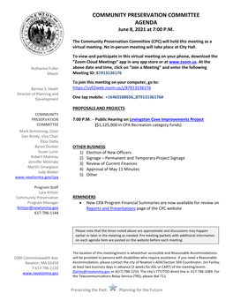 COMMUNITY PRESERVATION COMMITTEE AGENDA June 8, 2021 at 7:00 P.M