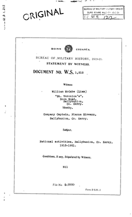 ROINN COSANTA. BUREAU of MILITARY HISTORY, 1913-21 STATEMENT by WITNESS. DOCUMENT NO. WS 1212 Witness William Mccabe