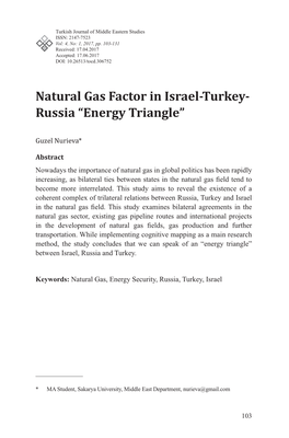 Natural Gas Factor in Israel-Turkey- Russia “Energy Triangle”