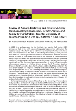 Review of Anna C. Korteweg and Jennifer A. Selby (Eds.), Debating Sharia: Islam, Gender Politics, and Family Law Arbitration, To