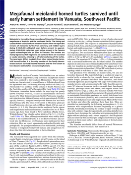 Megafaunal Meiolaniid Horned Turtles Survived Until Early Human Settlement in Vanuatu, Southwest Paciﬁc