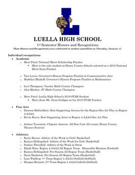 LUELLA HIGH SCHOOL 1St Semester Honors and Recognitions These Honors and Recognitions Were Celebrated in Student Assemblies on Thursday, January 11