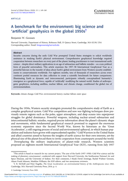 A Benchmark for the Environment: Big Science and ‘Artificial’ Geophysics in the Global 1950S†