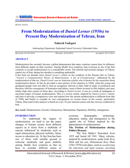 From Modernization of Daniel Lerner (1950S) to Present Day Modernization of Tehran, Iran