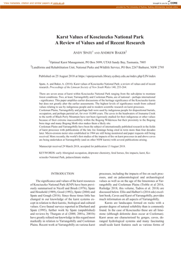 Karst Values of Kosciuszko National Park a Review of Values and of Recent Research