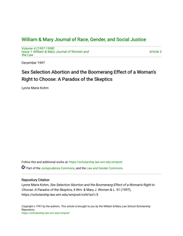 Sex Selection Abortion and the Boomerang Effect of a Woman's Right to Choose: a Paradox of the Skeptics
