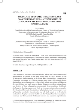 Social and Economic Impacts of Land Concessions on Rural Communities of Cambodia: Case Study of Botum Sakor National Park