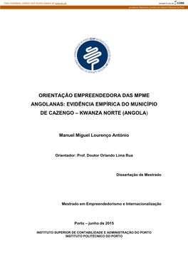 Orientação Empreendedora Das Mpme Angolanas: Evidência Empírica Do Município De Cazengo – Kwanza Norte (Angola)